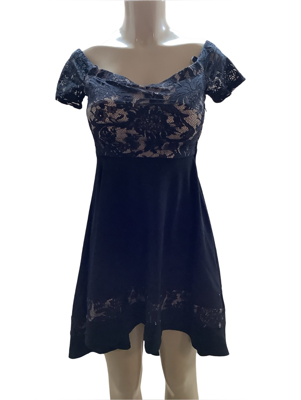 City Studio Size 0 Beige Top with Black Lace Accents Off The Shoulder, Preloved